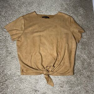 Olivaceous Camel Tie-Front Short Sleeve Top